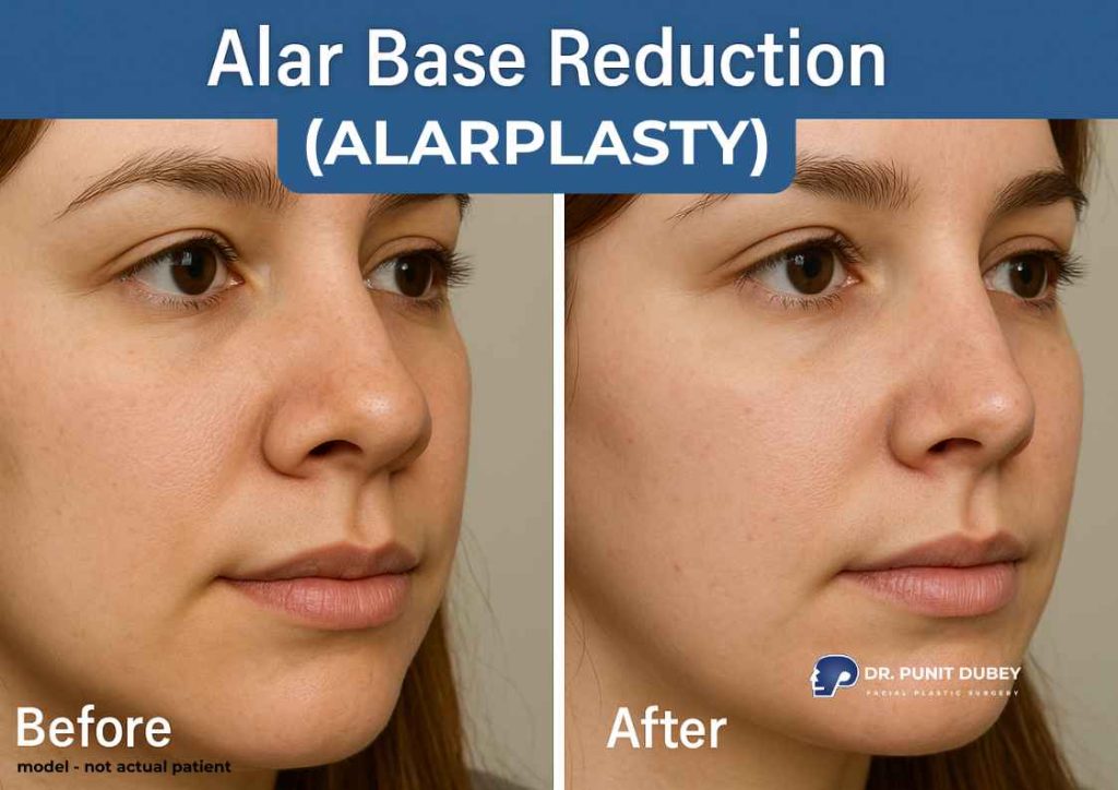 Alarplasty before and after – refined nasal base and nostril contour by Dr. Punit Dubey.