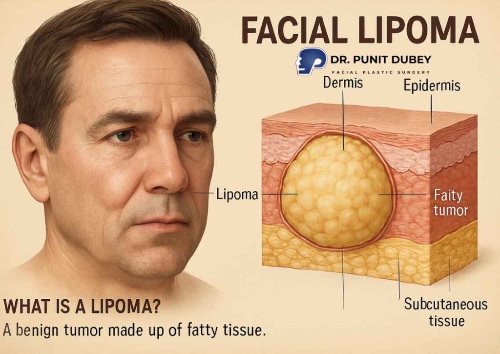 Facial lipoma treatment in India by Dr. Punit Dubey – non-cancerous fat lump removal with minimal scarring.