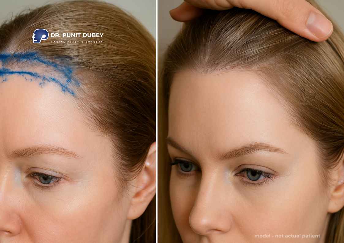 Forehead reduction surgery scar – healed hairline incision with nearly invisible results.