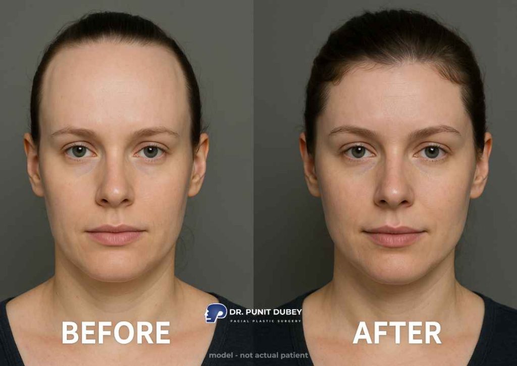 Hairline lowering surgery before and after – facial feminization and forehead contouring by Dr. Punit Dubey.