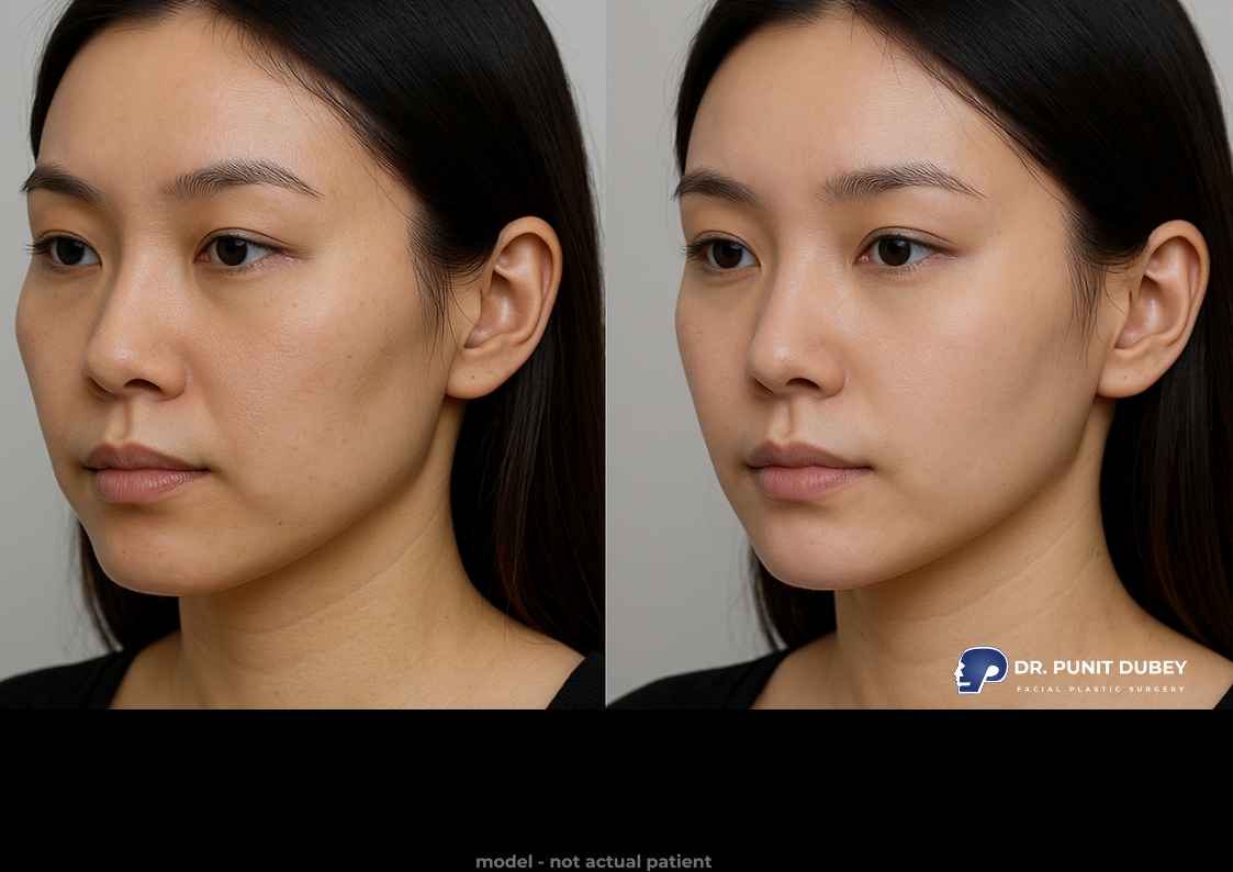 Before and after cheekbone reduction surgery, showcasing a more refined and harmonious facial profile.