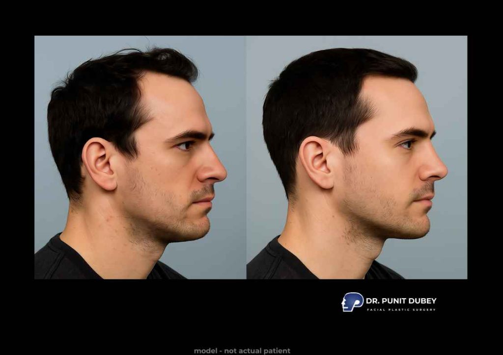 Before and after images of forehead contouring surgery, showcasing a more balanced and youthful forehead.