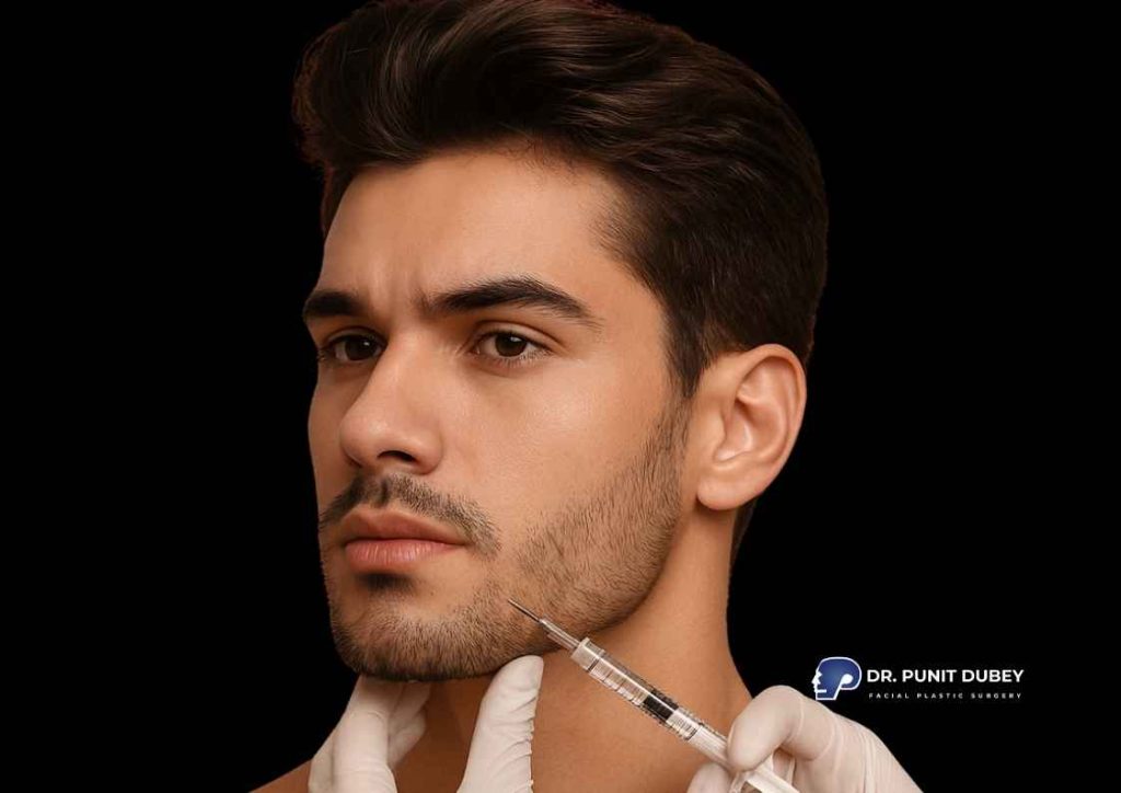 Jawline filler before and after results by Dr. Punit Dubey, highlighting the enhanced definition and symmetry.