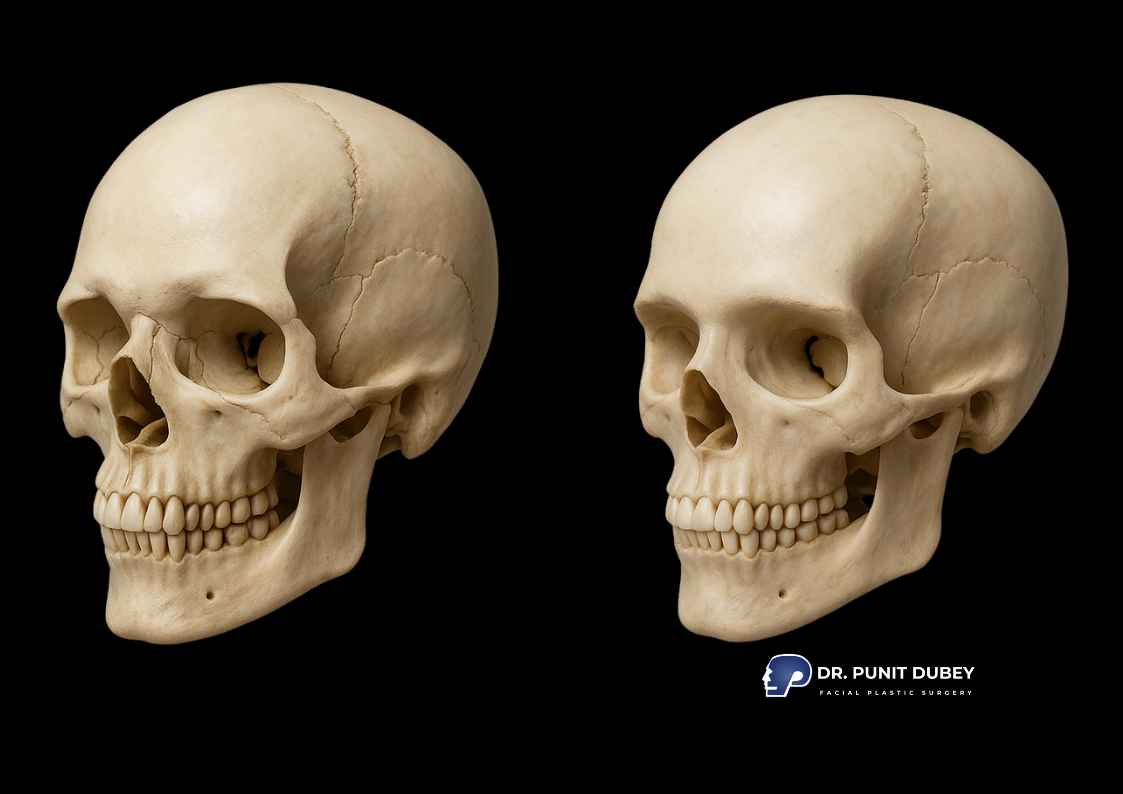 Key skeletal differences between male and female brow bones, highlighting gender-specific facial features.