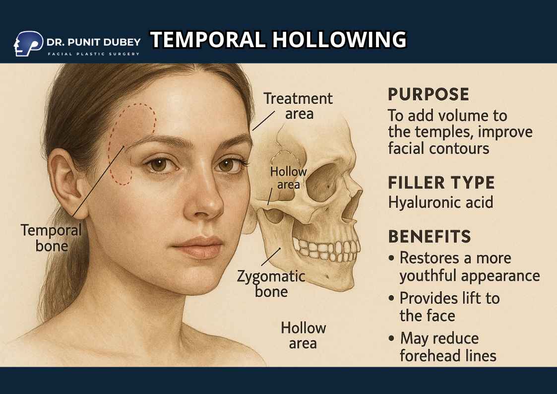 Explanation of temporal hollowing, a condition causing volume loss in the temple region and its effects on facial appearance.