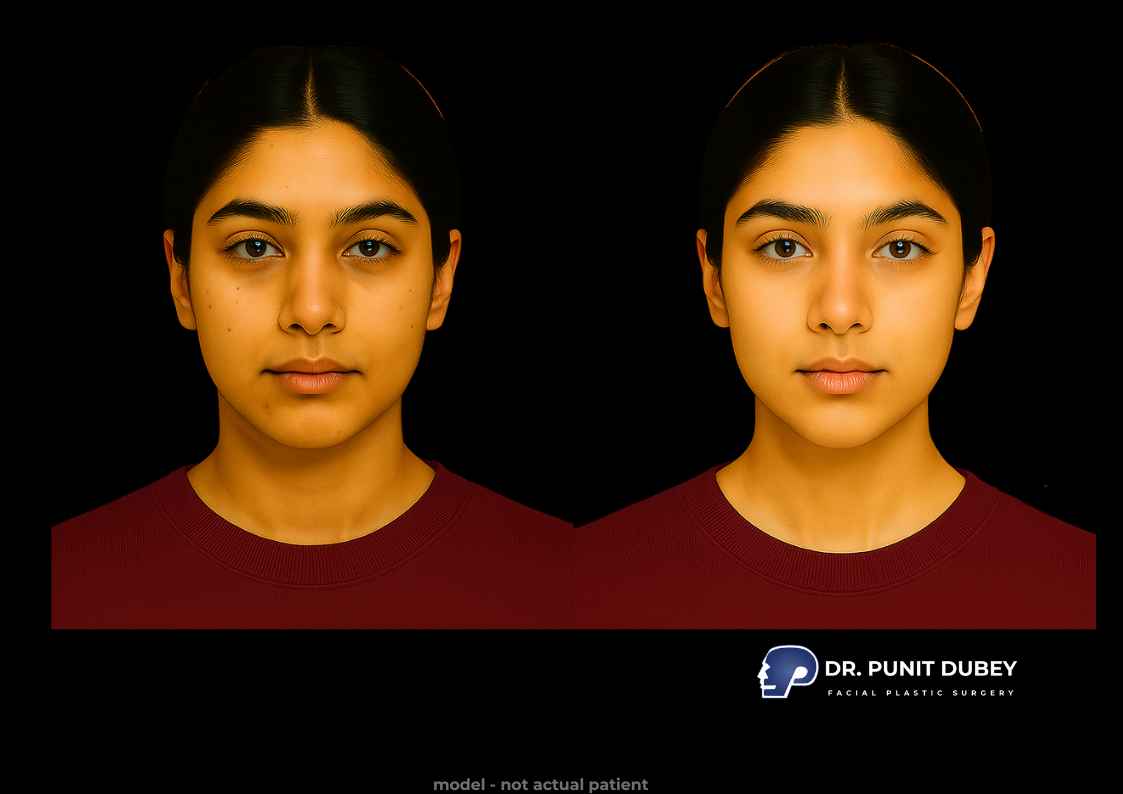 Before and after images of jaw reduction surgery, demonstrating a more proportional, refined jawline.