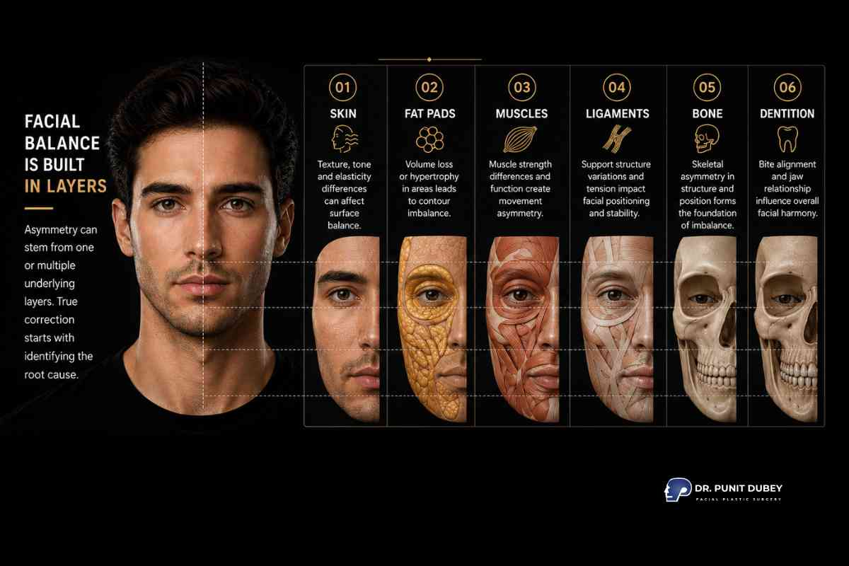 Causes of asymmetrical face including jaw imbalance, genetics, facial bone asymmetry, and aging changes.